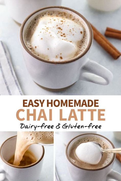 This Healthy Chai Latte recipe is dairy-free and naturally sweetened, made with pure maple syrup and almond milk. It takes less than 5 minutes to prepare on the stove and is caffeine-free! #healthychailatte #chai Easy Chai Latte Recipe, Homemade Chai Tea Latte, Chai Tea Latte Recipe, Homemade Chai Tea, Chai Latte Recipe, Homemade Chai, Chai Tea Recipe, Tea Latte Recipe, Plat Vegan