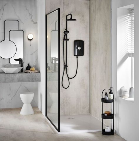 2023 bathroom trends to update your home with pink walls, curves and bathroom design and bathroom ideas with bathroom layout ideas and bathroom inspiration in neutral bathroom ideas with black shower screen and black taps with bathroom mirrors and bathroom storage ideas Electric Shower Ideas, Electric Showers, Latest Bathroom, Garage Conversion, Yellow Bathrooms, Rainfall Shower Head, Bathroom Trends, Black Shower, Modern Shower