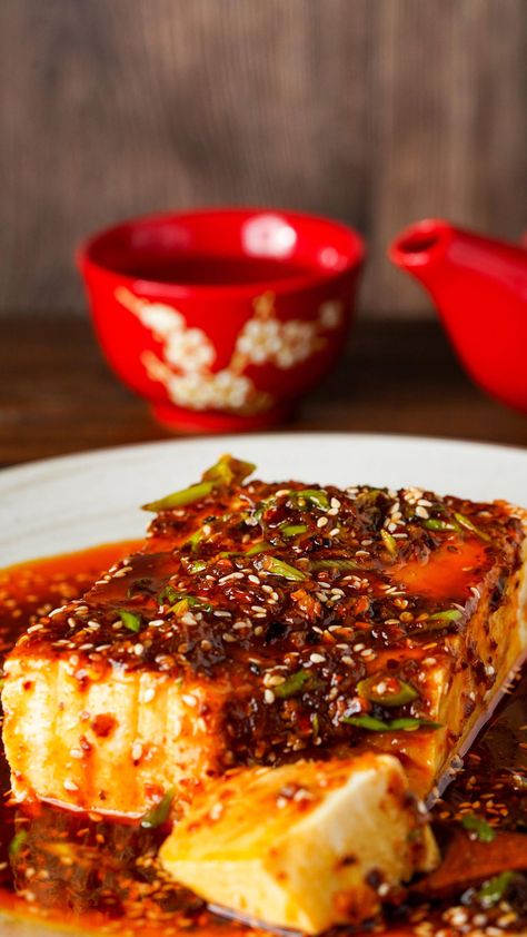 Spicy Tofu Recipes Healthy, Chili Garlic Tofu, Spicy Silken Tofu, Spicy Tofu Marinade, Tofu Appetizer Recipes, Dumpling Dinner, Chinese Tofu Recipes, Spicy Tofu Recipes, Fantasy Recipes