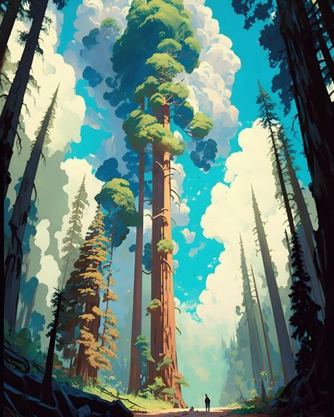 Redwood Forest Painting, Redwood Landscaping, Fantasy Forest Art, Forest Mystery, Giant Illustration, Mountain Giant, Reaching To The Sky, Running In The Woods, Woods Painting