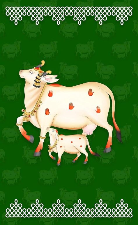 Pichwai Paintings Cow And Calf, Pichwai Cow Sketch, Pichwai Wallpaper, Pichwai Art Paintings, Pichwai Prints, Diwali Backdrop, Pichwai Cow, Unique Event Decor, Om Symbol Art