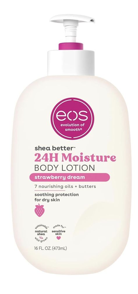 STRAWBERRY DREAM: Features notes of sparkling strawberry, pink sugar & vanilla cream. 24-HOUR MOISTURE FOR YOUR BODY: Soothe and protect your skin with our lightweight and non-greasy lotion. No sticky residue or heaviness, just all-day hydration and smooth skin. Strawberry Cream Eos, Eos Lotion Strawberry Dream, Strawberry Eos Lotion, Eos Lotion, Realistic Wishlist, Vanilla Body Wash, Black Hair Video, Better Body, Strawberry Pink