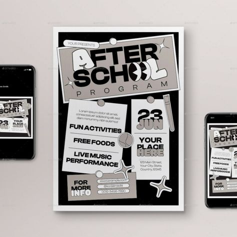 Monochrome Flat Design After School Program Flyer Set School Club Flyers, School Club Flyer Design, Flyer Design School, School Newsletter Ideas, Program Design Layout, School Club Poster, Poster Design For School, Class Flyer Design, School Flyer Design