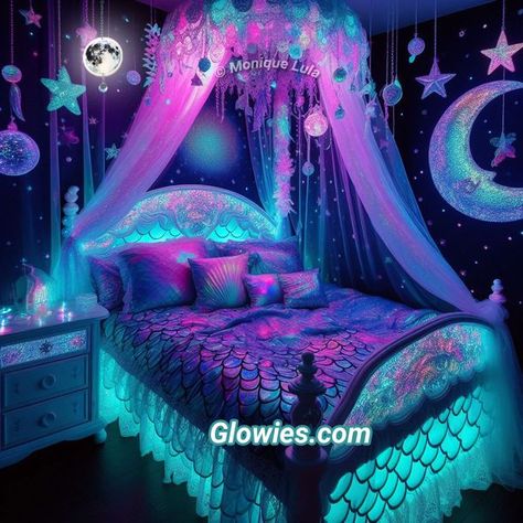 Mermaid Toddler Room, Galaxy Themed Bedroom, Mermaid Room Aesthetic, Galaxy Room Ideas, Mermaid Bed, Moon Mermaid, Galaxy Bedroom, Galaxy Room, Monique Lula