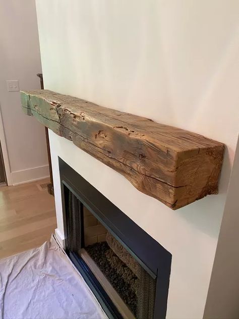 Natural Edge Mantle, Solid Wood Fireplace Mantle, Rustic Floating Mantle, Wood Block Mantle, Reclaimed Wood Mantle Fireplace Rustic, Barnwood Mantle Diy, Thick Wood Mantle, Floating Beam Shelves, Fireplace With Timber Mantle