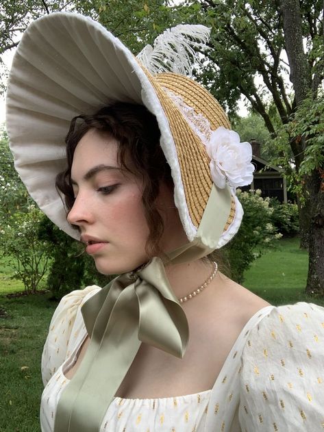 18th Century Bergere Hat, Cottagecore Hat Aesthetic, Regency Straw Bonnet, Regency Era Bonnet, 19th Century Bonnet, Diy Regency Bonnet, Regency Hats And Bonnets, Bonnette Hat, Regency Bonnet Pattern