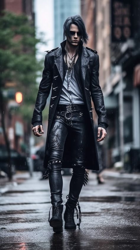 Goth man created with AI by Amanda Church Incubus Outfit Male, Cyberpunk Suit Men, Victorian Goth Outfits Men, Modern Vampire Outfit Men, Gothic Men Outfit, Men Goth Outfit, Demon Outfit Male, Gothic Male Fashion, Corporate Goth Men