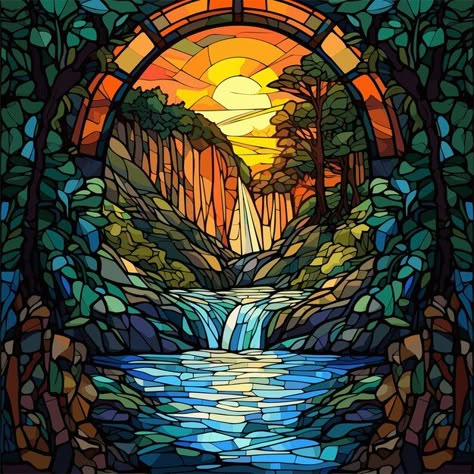 Landscape stained glass background natur... | Premium Vector #Freepik #vector #nature #background #flat #bird Stained Glass Sky, Stained Glass Nature, Stained Glass Landscape, Stained Glass Background, Vector Landscape, Glass Background, Vector Nature, Scene Painting, Stained Glass Quilt