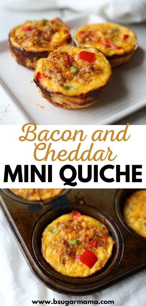 bacon and cheddar mini quiche Cupcake Quiche Recipes, Mini Bacon Quiche, Individual Quiche Recipes, Bacon Quiche Recipes, Mini Quiches In Muffin Tin Crustless, Mini Quiches In Muffin Tin, Crustless Quiche Muffins, Mini Quiche Cups, Bacon Bits Recipes