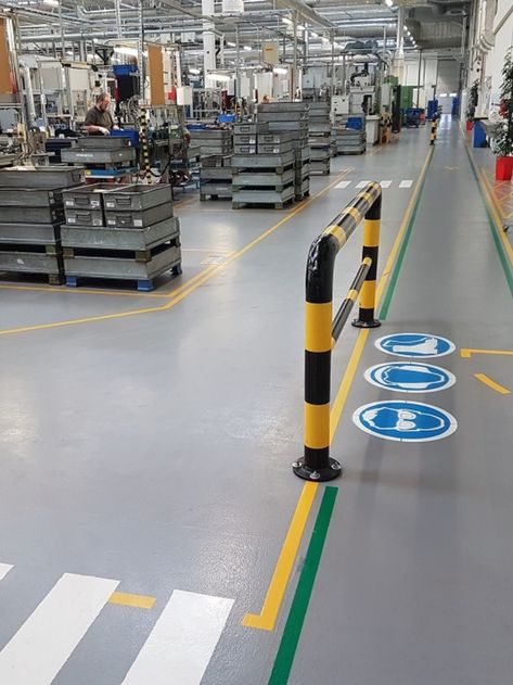 Our seamless, impact, chemical, abrasion-resistant floors do the work of ten floors. Manufacturing Factory Design, Floor Signage, Warehouse Layout, Car Showroom Design, Health And Safety Poster, Arsitektur Art Deco, Visual Management, Garage Workshop Plans, Factory Interior