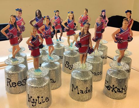 The Cheerleaders loved their personalized cheer trophies! Diy Cheerleader Gifts Ideas, Cheer Party Theme Ideas, Cheer Booth Ideas, End Of The Year Cheer Party, Cheer Memory Ideas, Cheer Centerpiece Ideas, Cheer Awards Banquet Gift Ideas, Cheer Banquet Centerpieces Diy, Cheerleader Team Dinner