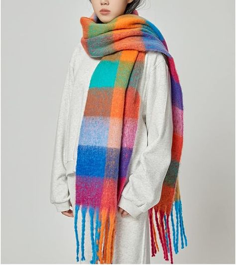 OUNIYA Large Chunky Plaid Scarf Checked Colorful Oversized Scarves Soft Big Cashmere Wool Thick Winter Warm Blanket Women Plaid Scarf Outfit, Acne Studios Scarf, Blue Plaid Scarf, Scarf Aesthetic, Scarf Outfit Winter, Fall Wardrobe Staples, Mohair Scarf, Big Scarf, Scarf Tutorial