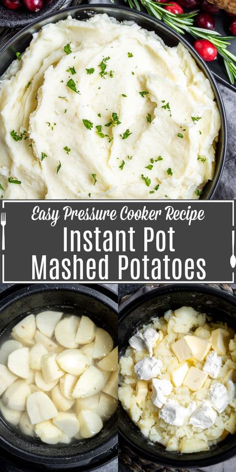 Instant Pot mashed potatoes are an easy way to make creamy mashed potatoes without having to turn on the stove. Perfectly cook yukon gold, russet, or red potatoes and then combine with cream cheese and butter to make the BEST mashed potatoes ever! They make a great Thanksgiving side, Christmas side or Easter side. Make ahead of time and heat up before guests arrive. #Thanksgiving #Christmas #Easter #mashedpotatoes #instantpot #instantpotrecipes Instapot Mashed Potatoes Cream Cheese, Instant Pot Mashed Potatoes Cream Cheese, Instant Pot Mashed Potatoes Yukon Gold, Sour Cream Potato Salad, Instapot Ideas, Instant Pot Mashed Potatoes, Easy Pressure Cooker Recipes, Christmas Side, Best Mashed Potatoes