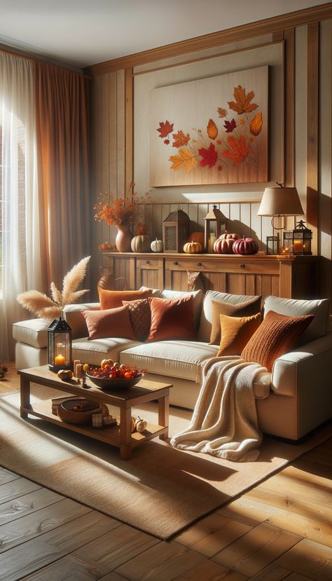 "A cozy living room with a warm, autumnal theme. Beige sectional sofa adorned with fall-colored pillows and throw. Coffee table in front decorated with autumn decor. Wooden console table behind sofa displays more decor. Light streams in, enhancing the room’s cozy vibe." Autumn Theme Living Room, Cosy Brown Living Room, Autumn Colour Living Room Decor, Fall Themed Living Room, Red Brown Living Room, Thanksgiving Living Room Decor, Orange Living Room Decor Ideas, Autumn Coffee Table Decor, Fall Living Room Decor Warm Colors