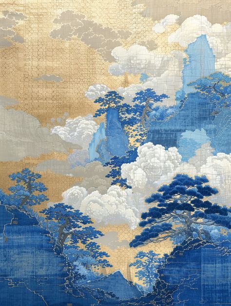 Zen Chinese Landscape with Mountains and Clouds Blue Gold White Aesthetic, Contemporary Chinese Art, Chinese Art Background, Chinese Mountain Painting, Asian Clouds, Chinese Clouds, Chinese Painting Traditional, Japan Theme, Rivers And Mountains