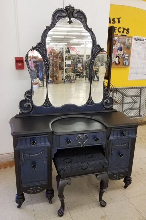 Gothic Vanity, Goth Bedroom, Vanity Makeover, Painted Vanity, Gothic Furniture, Dark Home Decor, Antique Vanity, Gothic Home Decor, Paint Furniture