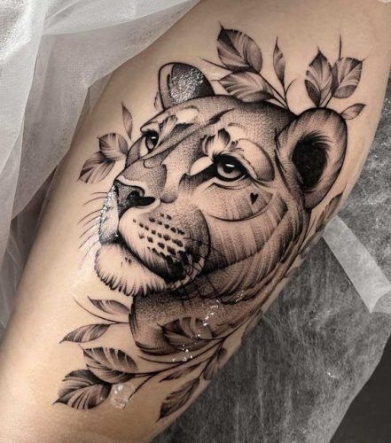 Lion Tattoo for Women: 20 Graceful and Empowering Designs - besttattoo.wiki - Unveiling Exquisite Ink Art Tattoo Bein Frau, Lioness And Cub Tattoo, Lion And Lioness Tattoo, Lion Tattoo On Thigh, Lioness Tattoo Design, Female Lion Tattoo, Lioness Tattoo, Lion Head Tattoos, One Piece Tattoos