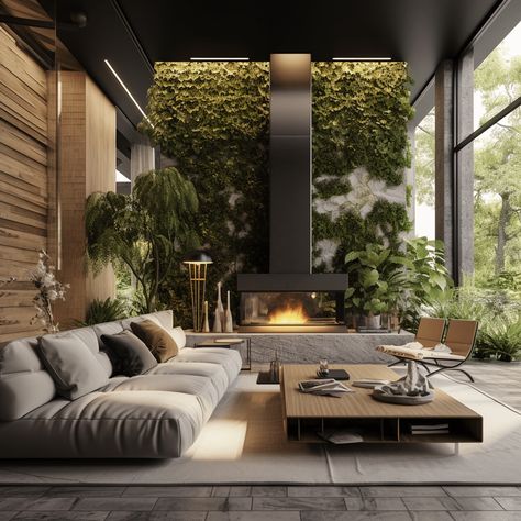 Biophilic Design Modern Luxury Living Room Idea Image Modern Futuristic Living Room, Biophilic Design Interiors Home, Biophilic Living Room, Biophilic Design Interiors, Luxury Living Room Ideas, Biophilic Interior, Modern Luxury Living Room, Painted Windows, Zen Room