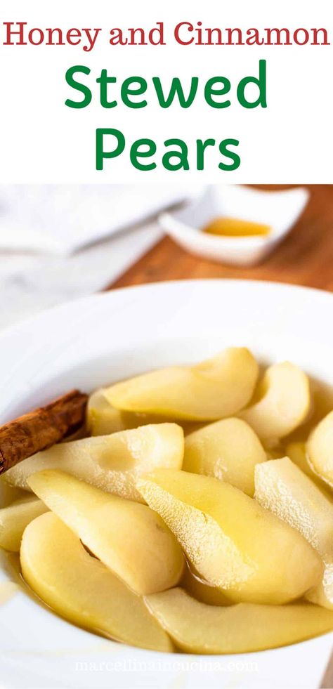 Stewed Pears is a simple recipe that you can make in just 15 minutes with minimal ingredients! Quartered pears are simmered gently in a little sugar, some honey and a cinnamon stick until deliciously tender and flavorsome. The best part is that these pears team perfectly with cake, granola, yoghurt and much more which means you’ll never be bored! #stewedpears #stewedfruit #cooked fruit Poached Pear Recipe, Poached Fruit Desserts, Spiced Pears Recipe, Stewed Pears Recipe, Healthy Winter Desserts, Stewed Pears, Poached Fruit, Pear Recipes Easy, Poached Pears Recipe