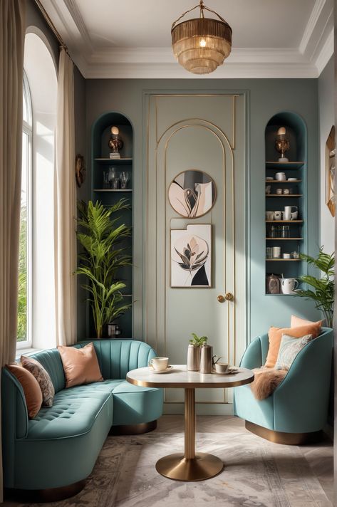 10 Ideas and Inspiration for Art Deco Style Coffee Nooks - afullmug.com Relaxing Nook Cozy Corner, French Inspired Office, Cozy Nook Living Room, Coffee Nook Ideas, 1920s Office, Art Deco Apartment Decor, Art Deco Interior 1920s, Bedroom Inspirations Aesthetic, Art Deco Design Interior