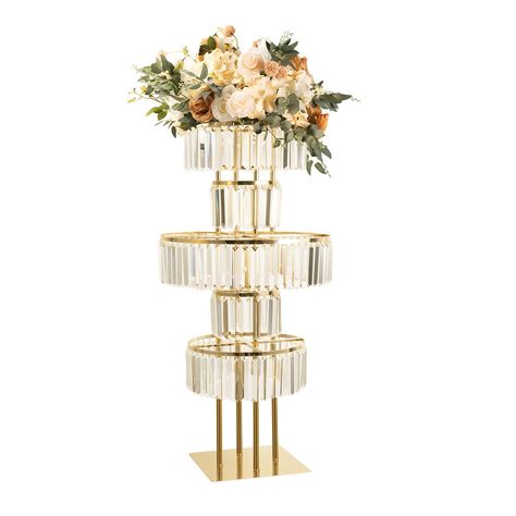 PRICES MAY VARY. PACKAGE AND SIZE: 1 large crystal flower stand (the flowers in the picture are not included), with a height of 120cm/47.24” and a bottom diameter of 30cm/11.81", fully meeting your height needs. Due to the difference of light and screen, the real gold may be slightly different from the picture, but the real thing will make your eyes shine. CLASSIC AND UNIQUE BLINGBLING DESIGN: creative golden five tier metal frame with sparkling crystal strips, when you touch the hanging crystal Gold Vase Centerpieces, Crystal Centerpieces Wedding, Chandelier Centerpiece, Gold Wedding Centerpieces, Vases Centerpieces, Crystal Centerpieces, Pedestal Stand, Gold Vases, Wedding Illustration