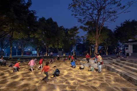 Memory of the Land / NODE Architecture & Urbanism | ArchDaily Urban Lighting Design, Gobo Lighting, Industrial Exhibition, Urbanism Architecture, Park Lighting, Pavement Design, Park Pavilion, Urban Village, Architectural Lighting Design