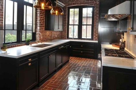 24 Brick Floor Kitchen Ideas for a Home With Timeless Style Brick Paver Kitchen Floor, Kitchens With Brick Floors, Kitchen With Brick Floor, Floor Kitchen Ideas, Brick Floor Kitchen, Traditional Farmhouse Kitchen, Brick Effect Tiles, Brick Floors, Brick Floor