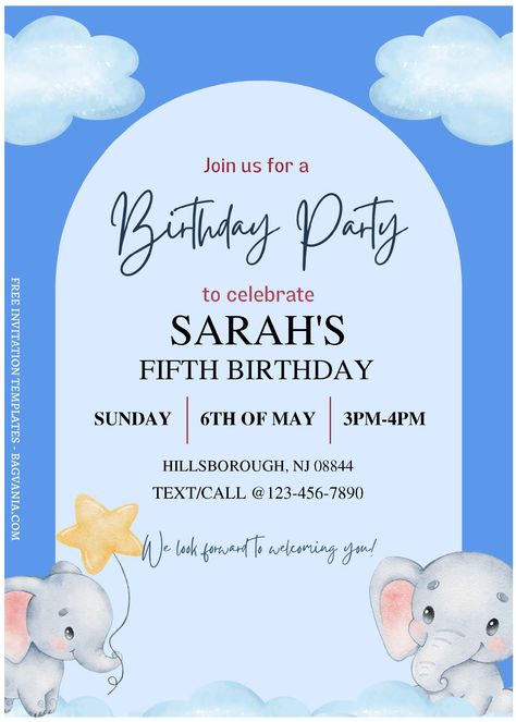 Birthday Invitation Template Free Editable, Birthday Invitation Template Boy, 4th Birthday Invitation, 1st Birthday Invitation Template, Party Decoration Items, Free Printable Invitations Templates, Elephant Birthday, Free Printable Invitations, Disney Invitations