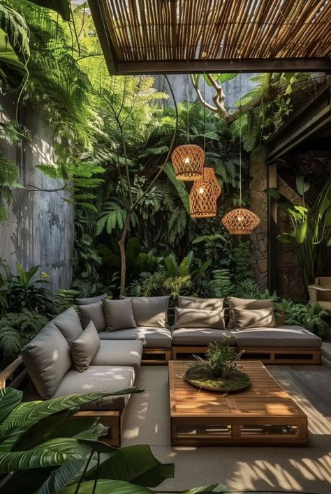 Small Patio Plants, Terrace Wall Design, Rooftop Garden Architecture, Tropical Patio Ideas, Small Terrace Ideas, Boho Exterior House, Bali Backyard, Office Garden Outdoor, Tropical Terrace