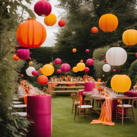 Outdoor Event Decor Summer Parties, Colourful Backyard Wedding, Garden Party Engagement Decor, Celebration Of Love Party, Sunset Garden Party, Sunset Party Ideas, Colourful Garden Party, Sunset Prom Theme, Modern Colourful Wedding