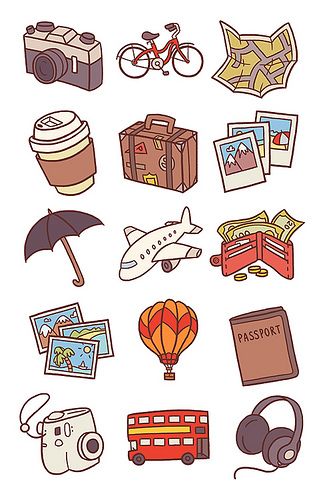 Travel Icons Pt.1 | Client work - more info at my blog. | Anneka Tran | Flickr Ide Scrapbook, Seni Resin, Travel Drawing, Tumblr Stickers, Contour Drawing, Travel Icon, Buku Skrap, Travel Stickers, Bullet Journal Doodles