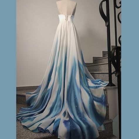 Cyan Wedding Dress, Two Tone Wedding Dress, Wedding Dresses With Color Accents, Wedding Dress Blue Accent, Unique Colored Wedding Dresses, Ombre Wedding Dresses, Tie Dye Wedding Dress, Turquoise Wedding Dresses, Ombré Gown