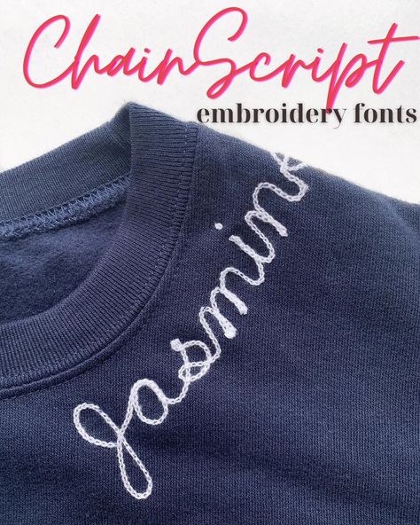 Fonts For Embroidery Letters, Chainstitch Name, Chain Stitch Name Sweater Diy, Font For Embroidery, Hand Embroider Name On Shirt Diy, Embroidery Stitches For Lettering, Types Of Sewing Stitches, Chain Stitch Sweatshirt, Hand Embroidery Fonts