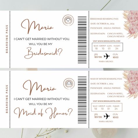 Destination Wedding, Will You Be My Bridesmaid Ticket, Airline Ticket Bridesmaid Proposal, Boarding Pass Template, Printable Maid of Honor Card * This design template is a digital product. Please note that you will NOT receive a physical item. Due to this product being a digital product, it is non-refundable and non-returnable. * Asking your best friends to be part of your special day is a memorable moment. This lovely Bridesmaid Proposal Boarding Pass Template is the perfect and most special wa Abroad Wedding Bridesmaid Proposal, Bridesmaid Proposal Destination Wedding, Will You Be My Maid Of Honor, Destination Wedding Bridesmaid Proposal, Wedding Bridesmaid Proposal, Maid Of Honor Card, Boarding Pass Template, Airline Ticket, Be My Maid Of Honor