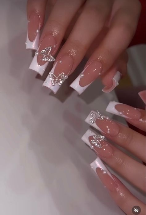 Silver Birthday Nails Acrylic, White Nails With Designs Birthday, French Tips Nails With Gems, Coffin Nails Designs 2024, White French Tip Nails With Design Bling, Nail Ideas Acrylic White, Mid Length Nail Designs, Cute White French Tip Nails, French Tip Birthday Nails