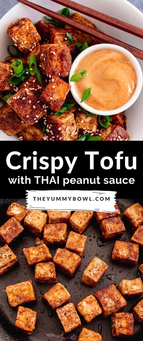 Vegan Tantanmen With Pan Fried Tofu, Tofu And Peanut Sauce, Crispy Tofu With Peanut Sauce, Fried Tofu Meals, Tofu Recipes Peanut Sauce, Peanut Tofu Satay, Peanut Tofu Recipes, Pan Fried Tofu Recipes, Fried Tofu Crispy