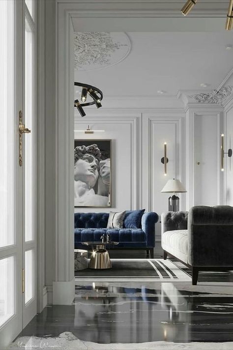 Blue Classic Living Room, Blue Elegant Bedroom, Classical Room, Classic Modern Living Room, Modern Neoclassical Interior, New Classic Interior, Neo Classic Design, Neoclassical Interior, Classic Interior Design