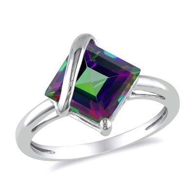 Princess-Cut Mystic Fire Topaz Overlay Ring in 10K White Gold - Zales. Interesting and pretty Mystic Fire Topaz, Rainbow Ring, Green Topaz, Swirl Ring, Topaz Jewelry, Gold Cocktail Ring, Gold Cocktail, Topaz Stone, Rings Jewelry