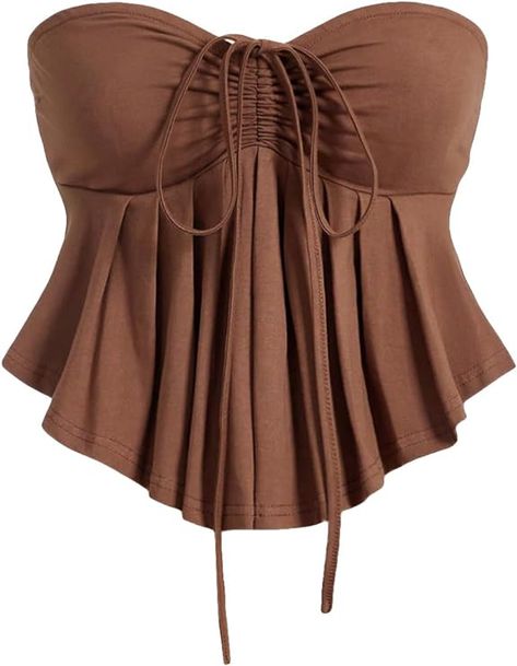 Link in pin. OYOANGLE Women's Sleeveless Strapless Tube Tops Drawstring Ruched Front Ruffle Hem Bandeau Crop Tops. Ruffle Tube Top, Bandeau Crop Top, Flare Top, Strapless Tops, Women Tops, Beautiful Fashion, Ruffle Hem, Tube Top, Plus Clothing