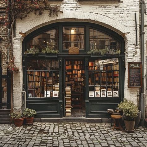 Experience the allure of literature at this cozy bookstore nestled within a historic brick building. Bookstore Architecture Design, Bookstore Front Window, Cozy Book Store Aesthetic, European Store Fronts, Bookshop Exterior, Library Building Exterior, Bookstore Facade, Library Exterior Design, Bookstore Exterior