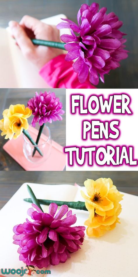 Flower Pens Tutorial Mops Crafts, Pen Toppers, Easy Flowers, A Vase Of Flowers, Pen Craft, Flower Pens, Pen Diy, Vase Of Flowers, How To Make Paper Flowers