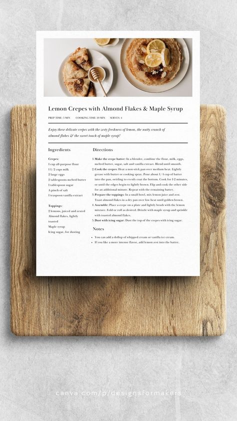 Black and White Classic Simple Minimal Recipe Card Recipe Card Graphic Design, Canva Recipe Template, Recipe Ebook Template, Recipe Template Free Editable Word, Goodnotes Recipe Template Free, Recipe Design Layout, Recipe Page Design, Cookbook Design Template, Recipe Templates Free