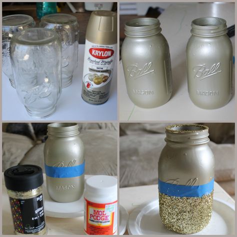 Graduation Mason Jars, Diy Mason Jar Crafts, Glitter Mason Jars, Diy Glitter, Glitter Spray, Diy Father's Day Gifts, Mason Jar Crafts Diy, Glitter Dipped, Mason Jar Centerpieces