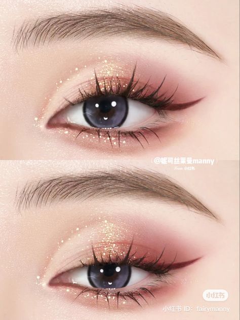 Korean Wedding Eye Makeup, Brown Makeup Ideas Eyeshadows, Shiny Nose Makeup, Eyeliner For Pale Skin, Douyin Makeup Wedding, Prom Korean Makeup, Asian Wedding Eye Makeup, Subtle Douyin Makeup, Prom Makeup Douyin