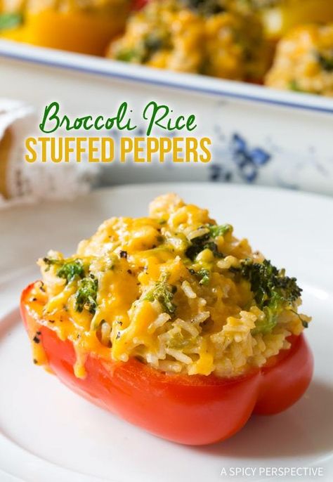 Broccoli Rice Stuffed Peppers #ASpicyPerspective #StuffedPeppersRecipe #StuffedPeppers #VegetarianStuffedPeppers #StuffedPepperswithRice #HealthyStuffedPeppers #BroccoliRice #Cheese #Broccoli #Rice #Vegetarian Riced Broccoli Recipes, Rice Stuffed Peppers, Cheesy Broccoli Rice, Stuffed Peppers With Rice, Vegetarian Stuffed Peppers, Stuffed Peppers Recipe, Cheesy Broccoli, A Spicy Perspective, Bell Pepper Recipes