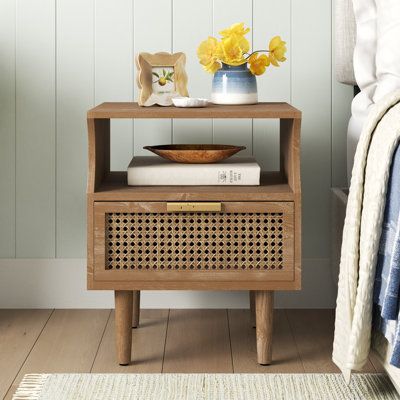 Lightly distressed with an air of industrial history, this lovely nightstand is a beautiful tribute to the past with a distinctly organic feel. Natural wood knot variations may apply. The warm natural finish with the cane-like mesh-panel woven fronts gives it an extra pop of cabin-worthy style, while the open cubby and spacious drawer add essential functionality. | Sand & Stable™ Nador Rustic Farmhouse Woven Fronts Nightstand, One Drawer End Table w / Open Shelf Wood in Brown, Size 22.0 H x 18.1 Shelf Wood, Wingback Headboard, Rustic Farmhouse Style, End Tables With Storage, Wood Nightstand, Open Shelf, Metal Beds, Upholstered Beds, How To Distress Wood