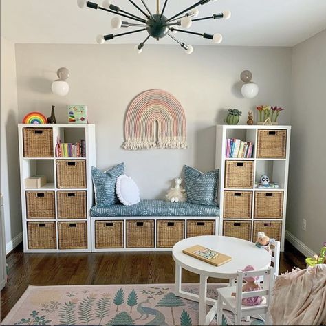 Toy Rooms Ideas, Kids Toy Storage In Living Room, Childminding Room Ideas, Ikea Playroom Ideas, Kids Storage Ideas, Small Playroom Ideas, Toddler Room Organization, Kids Playroom Storage, Window Seat Ideas