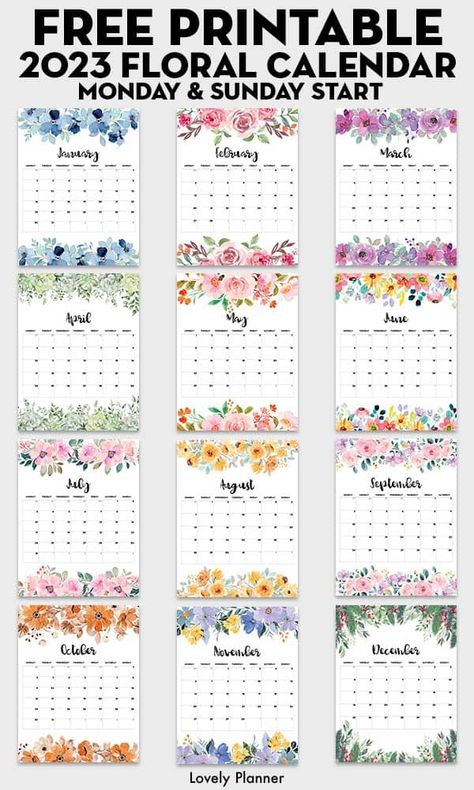 Free 2023 Floral Calendar with 12 flowery monthly calendar pages. Monday & Sunday Start both included - #lovelyplanner #floralcalendar #calendar #printablecalendar #printable #2023calendar Flower Calendar 2023, 2023calendar Printable Free, Free Printables Calendar 2023, Printable Calendar Pages 2023, 2023 Calendar Printable Free Monthly Monday Start, Free Monthly Calendar 2023, Monthly Calender Printables 2023, Free Printable Calendars 2023, Calenders Printable Free 2023