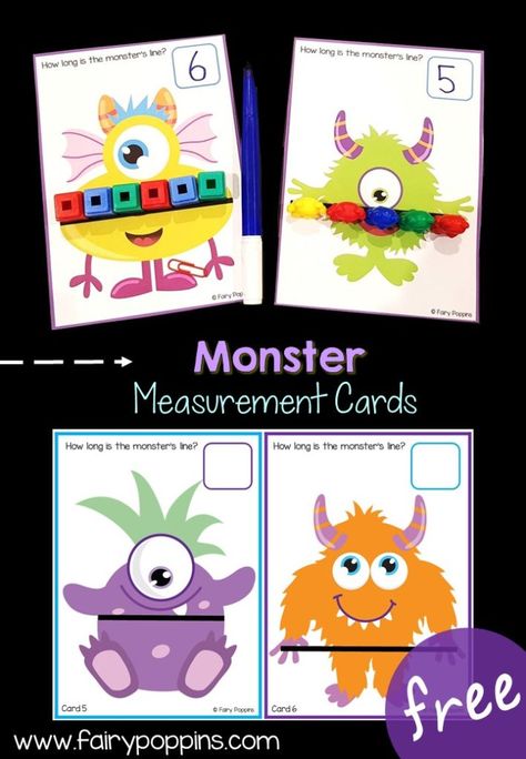 Monster measurement cards for measuring length with non-standard units ~ Fairy Poppins Fairy Poppins Free, Printables Organizational, Fairy Poppins, Measurement Kindergarten, Monster Activities, Measuring Length, Measurement Activities, Math Centers Kindergarten, Prek Math