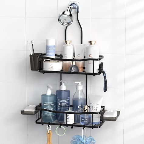 PRICES MAY VARY. FITS MOST SHOWERHEAD - This hanging shower caddy fit most sized shower heads. Hanging this bathroom organizers over your shower head, you can enjoy your bathing moments better, which is designed to provide you with a more comfortable bathing experience. It is aesthetic and suitable for home toilet restroom washroom bathroom, rental apartment, small rv bath booth and college dorm. LARGE CAPACITY WITH STRONG LOAD-BEARING - The bathroom organizer (13x5x25 inches) with 2 tier basket Hooks For Towels, Rack Shelves, Shower Rack, Shower Shelf, Shower Storage, Shower Organization, Small Stuff, Shower Shelves, Bath Storage